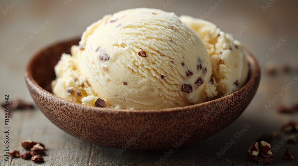Creamy Vanilla Ice Cream with Chocolate Chips in Rustic Bowl Creamy Vanilla Ice Cream with Chocolate Chips in Rustic Bowl