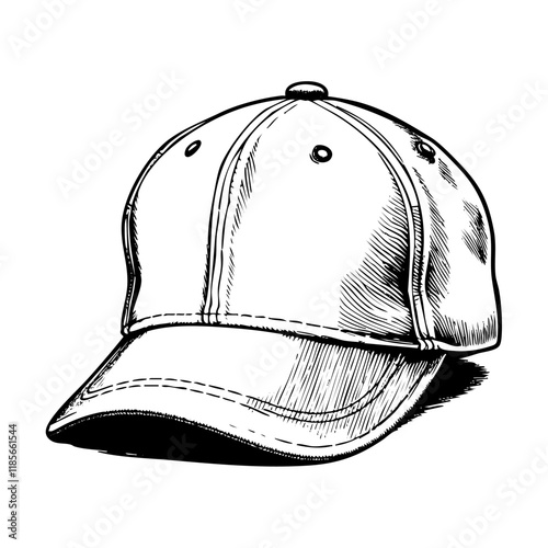 baseball hat sketch engraving black and white outline. Scratch board imitation.  illustrated in vintage line art style on a white background.
