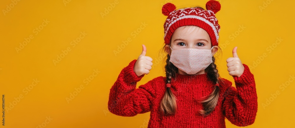 Fototapeta premium Cheerful young girl wearing festive red sweater and holiday hat standing against vibrant yellow background, giving thumbs up in Christmas-themed mask.