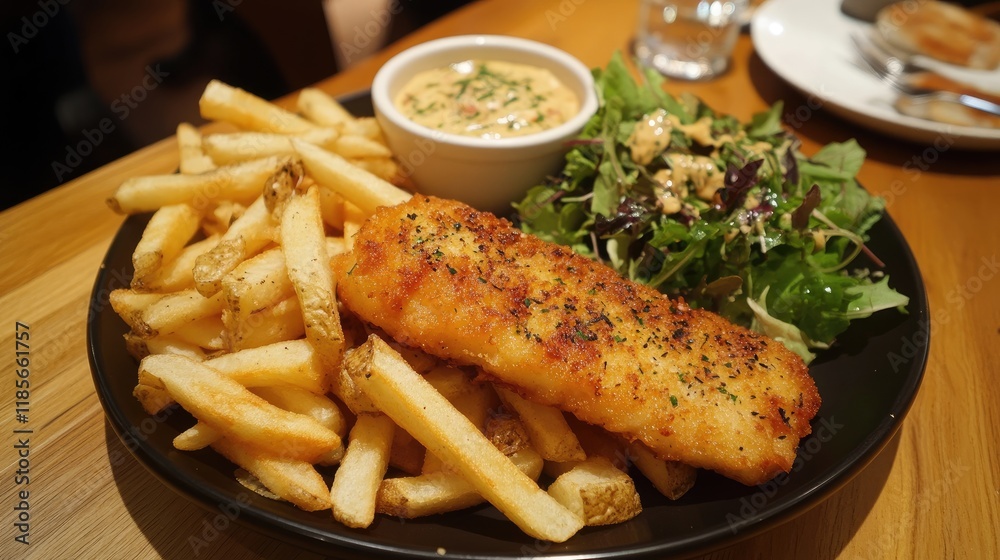 Crispy fried fish served with golden French fries and a fresh garden salad on a black plate Crispy fried fish served with golden French fries and a fresh garden salad on a black plate