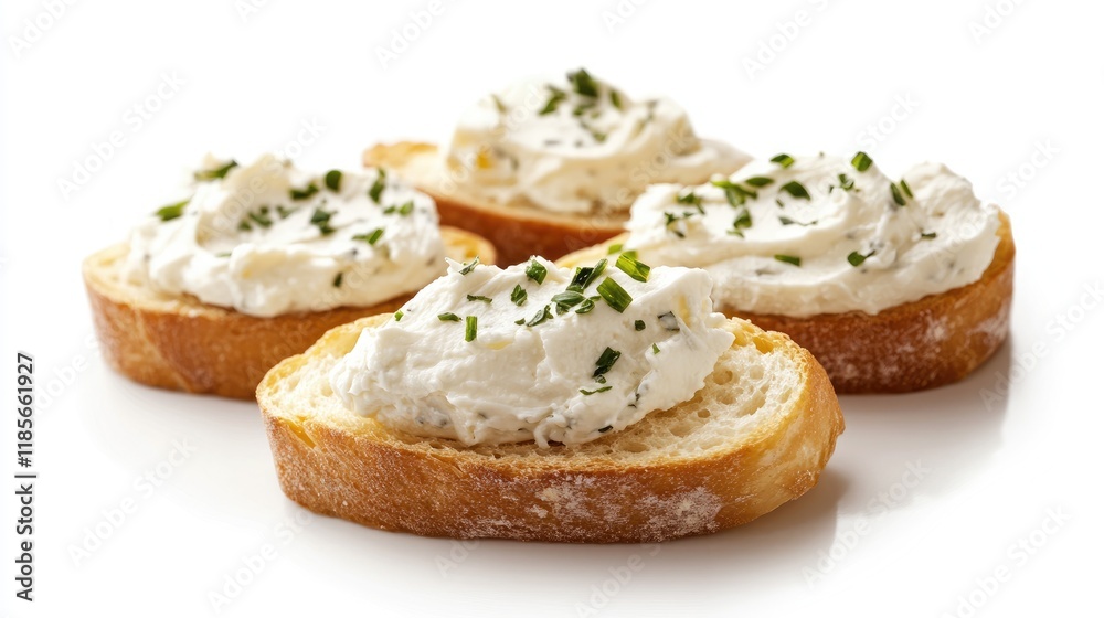 Crostini topped with creamy cheese and chives displayed on a clean white background for gourmet food presentation Crostini topped with creamy cheese and chives displayed on a clean white background for gourmet food presentation