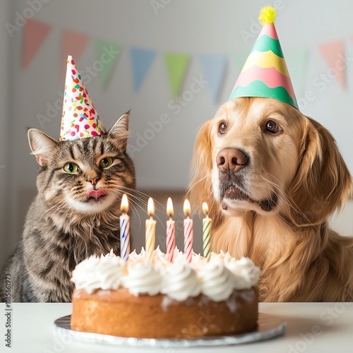 Pets celebrating a birthday with cake.