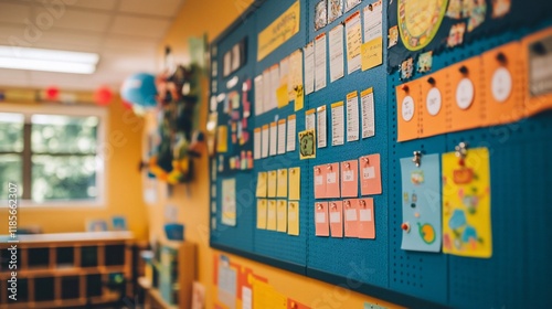 Colorful Classroom Bulletin Board:  A vibrant display of learning in a preschool or early childhood education setting.