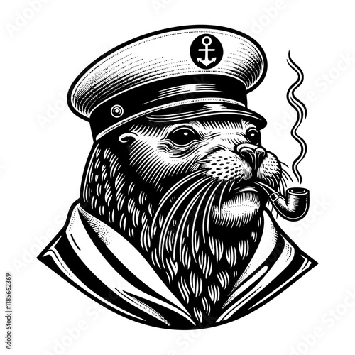 seal wear sailor costume with pipe sketch engraving black and white outline. Scratch board imitation.  illustrated in vintage line art style on a white background.
