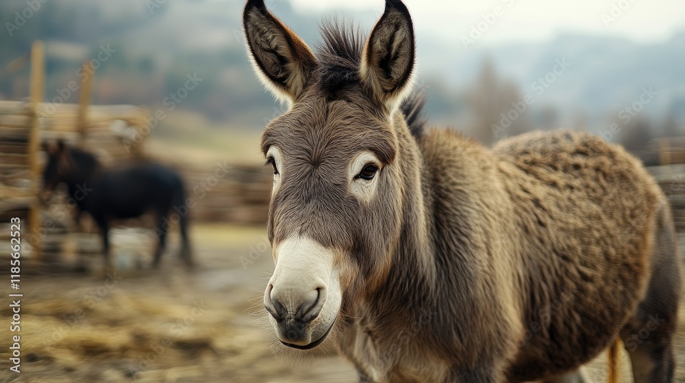 Cute and curious donkey in rustic farm setting with blurred background of other animals and hills in soft natural light.