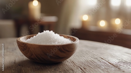 Fleur de sel displayed in a rustic wooden bowl on a table with a soft candlelit background creating a serene atmosphere photo