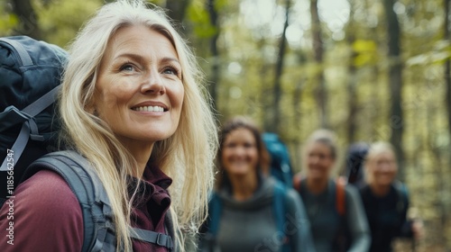 Blonde middle-aged woman with backpack smiling in forest during group hike with diverse friends, soft green hues, mid shot, ample copyspace for text.