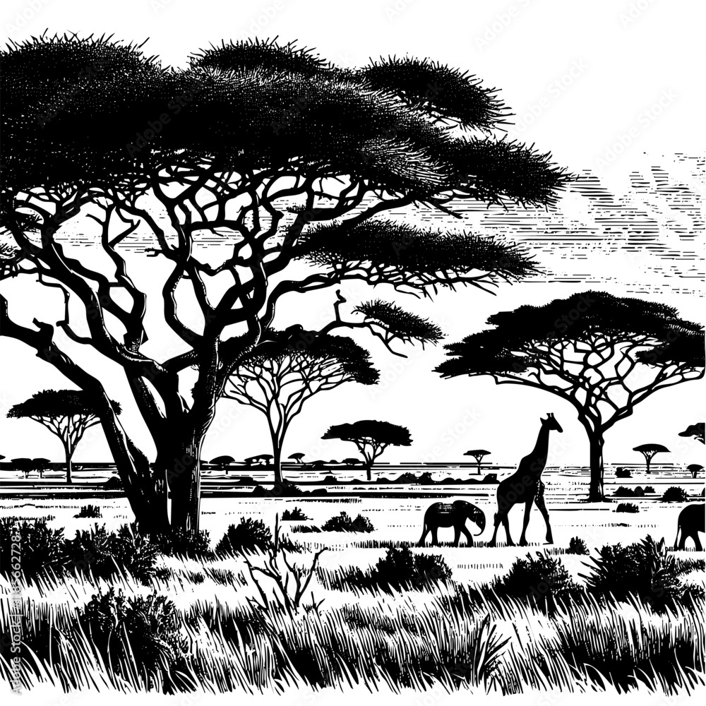 African savanna field sketch engraving black and white outline. Scratch board imitation.  illustrated in vintage line art style on a white background.
