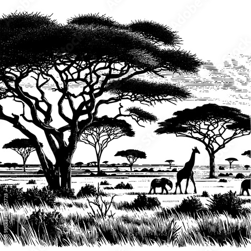 African savanna field sketch engraving black and white outline. Scratch board imitation.  illustrated in vintage line art style on a white background.
