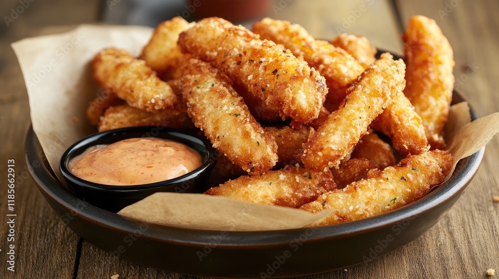 Crispy Potato Fries with Spicy Dipping Sauce Served on Rustic Wooden Table Ideal for Snack Time or Casual Lunch Crispy Potato Fries with Spicy Dipping Sauce Served on Rustic Wooden Table Ideal for Snack Time or Casual Lunch