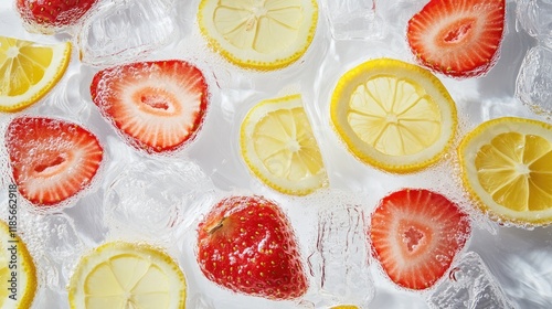 Fresh Lemon and Strawberry Slices Floating in Sparkling Water with Ice Cubes on Light Background photo