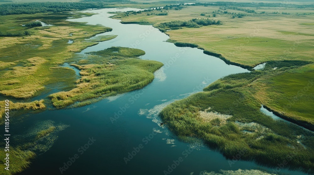 Aerial view of the tranquil confluence where a river meets a lake surrounded by lush wetlands and vibrant natural landscapes. Aerial view of the tranquil confluence where a river meets a lake surrounded by lush wetlands and vibrant natural landscapes.