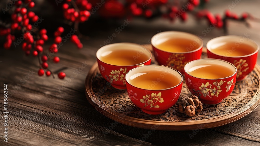 Fototapeta premium Chinese tea ceremony with five traditional cups on a decorative tray symbolizing luck and offerings for celebrations and new beginnings.