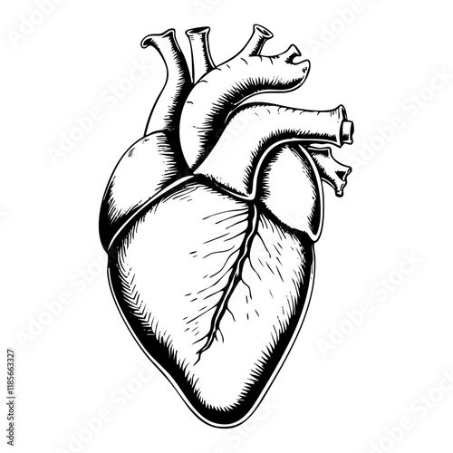 Heart anatomy sketch engraving black and white outline. Scratch board imitation.  illustrated in vintage line art style on a white background.
