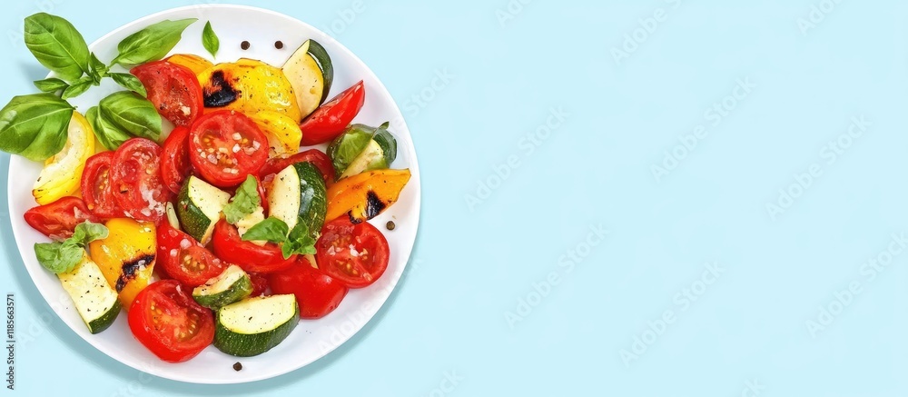 Grilled vegetable platter on a bright background with space for text ideal for healthy eating promotions and culinary designs Grilled vegetable platter on a bright background with space for text ideal for healthy eating promotions and culinary designs