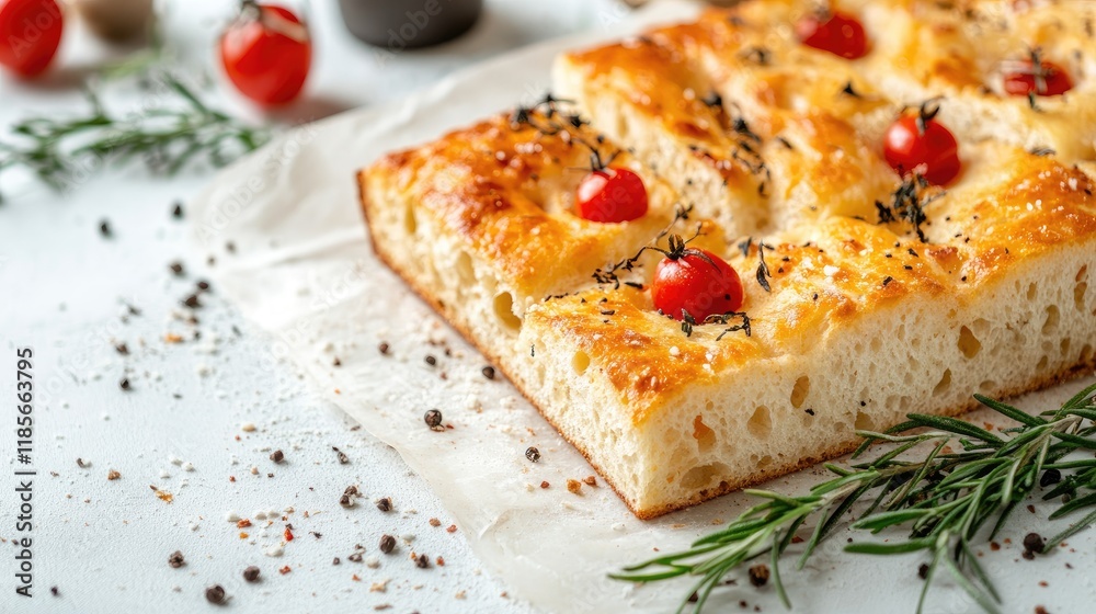 Homemade focaccia bread flatlay with fresh toppings on a white background showcasing texture and ingredients. Perfect for culinary designs. Homemade focaccia bread flatlay with fresh toppings on a white background showcasing texture and ingredients. Perfect for culinary designs.