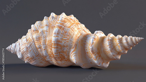 A large conch shell with a spiral pattern and ridges, resting on a dark background photo