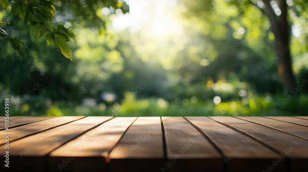Fototapeta premium Wooden Tabletop with Soft Green Garden Background Suitable for Product Display and Nature Inspired Advertisements