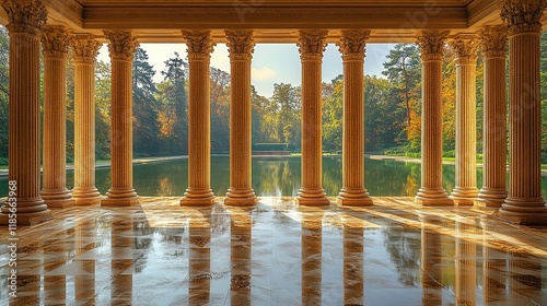 A serene view of a columned pavilion overlooking a tranquil lake surrounded by autumn foliage.