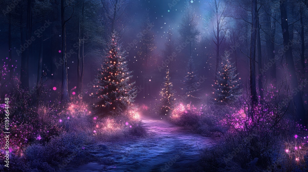 Naklejka premium Enchanting winter night walk through a snowy forest with christmas trees illuminated fantasy landscape dreamy view
