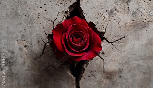 Red rose growing through cracks in concrete resilience and beauty concept