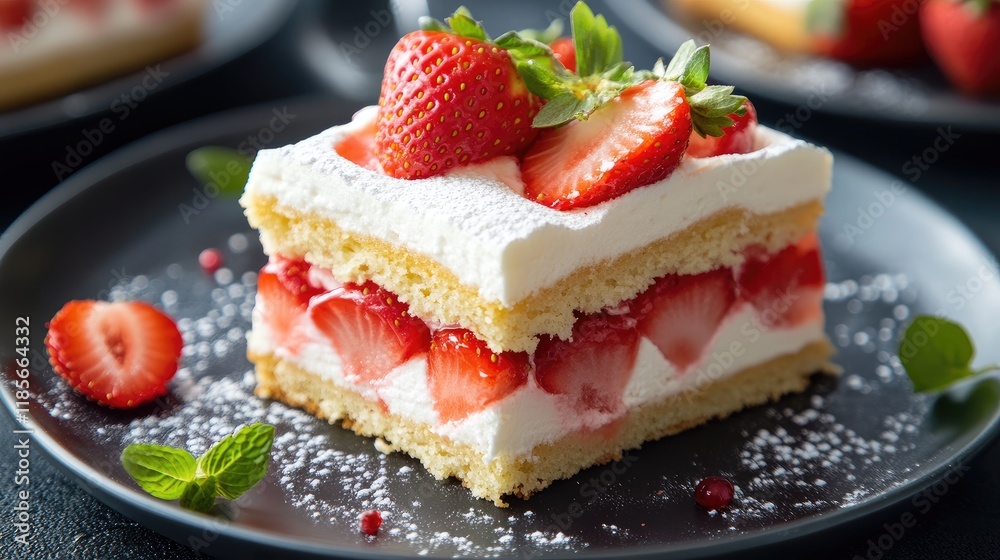 Elegant strawberry shortcake slice garnished with fresh strawberries and mint on a dark plate with powdered sugar decoration. Elegant strawberry shortcake slice garnished with fresh strawberries and mint on a dark plate with powdered sugar decoration.