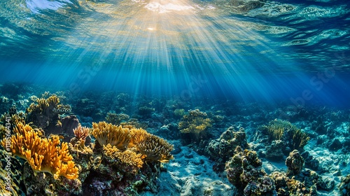 Sunlit Coral Reef: Vibrant Underwater Scene in Serene Blues