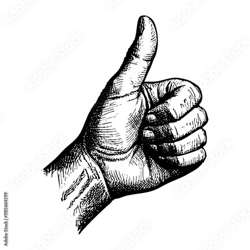 Hand giving a thumbs up engraving sketch engraving black and white outline. Scratch board imitation.  illustrated in vintage line art style on a white background.

