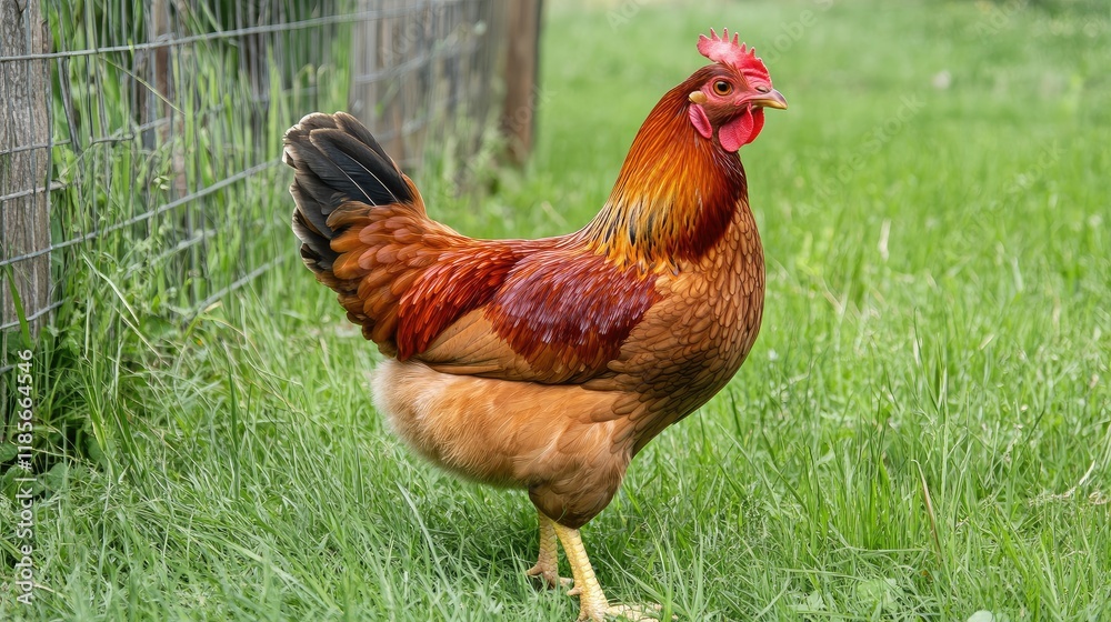 Fototapeta premium Vibrant rooster walking on lush green grass in a rural farm setting showcasing livestock and traditional agriculture