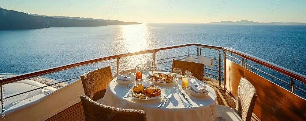 Fototapeta premium Luxurious Cruise Ship Breakfast Facing Sunlit Santorini