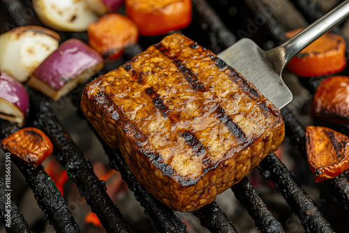 A seitan steak holding a spatula, grilling vegetables on a barbecue