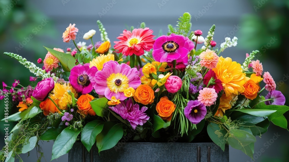 Obraz premium Vibrant Floral Arrangement Featuring Colorful Flowers and Lush Greenery in a Rustic Container