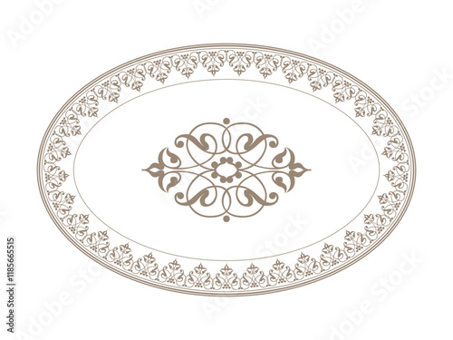 Vintage Oval frame arabesque in Victorian style. Oriental porcelain plate with golden pattern on white background. Plate with large floral element in center. Pattern frame for oval ceramics, textiles