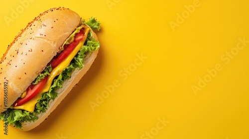 Colorful Fast Food Sandwich on Yellow Background with Copy Space for Advertising Text or Promotions photo