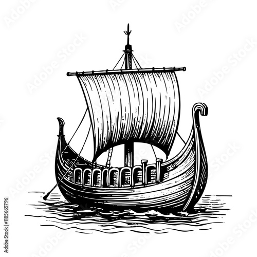 viking ship engraving sketch engraving black and white outline. Scratch board imitation.  illustrated in vintage line art style on a white background.
