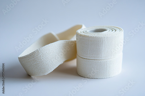 Boxing hand wraps rolled neatly on a white surface photo