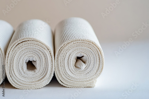 Boxing hand wraps rolled neatly on a white surface photo