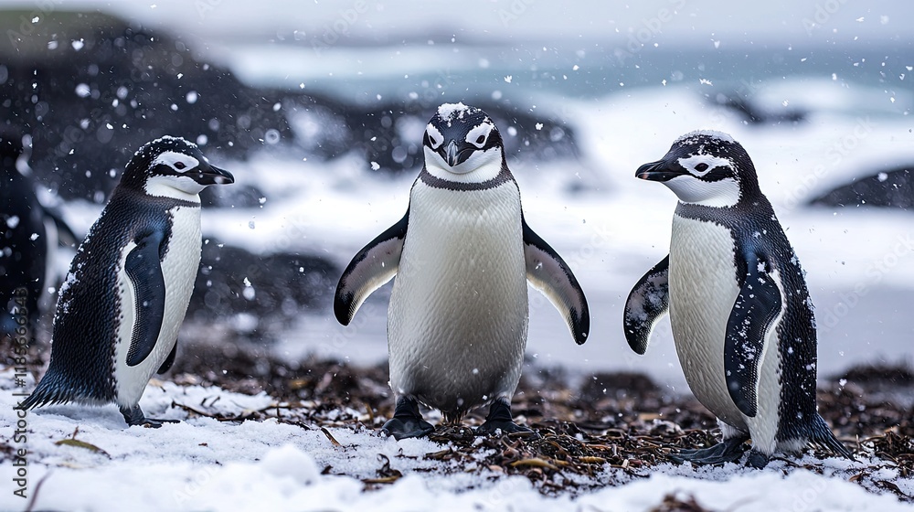 Obraz premium Three penguins standing on a snowy beach, showcasing their playful nature in a winter setting.