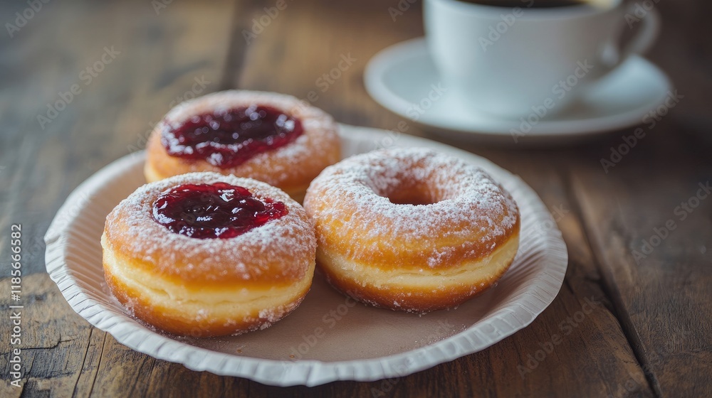 Donuts filled with jam served on a paper plate alongside a cup of coffee in a cozy setting with selective focus. Donuts filled with jam served on a paper plate alongside a cup of coffee in a cozy setting with selective focus.