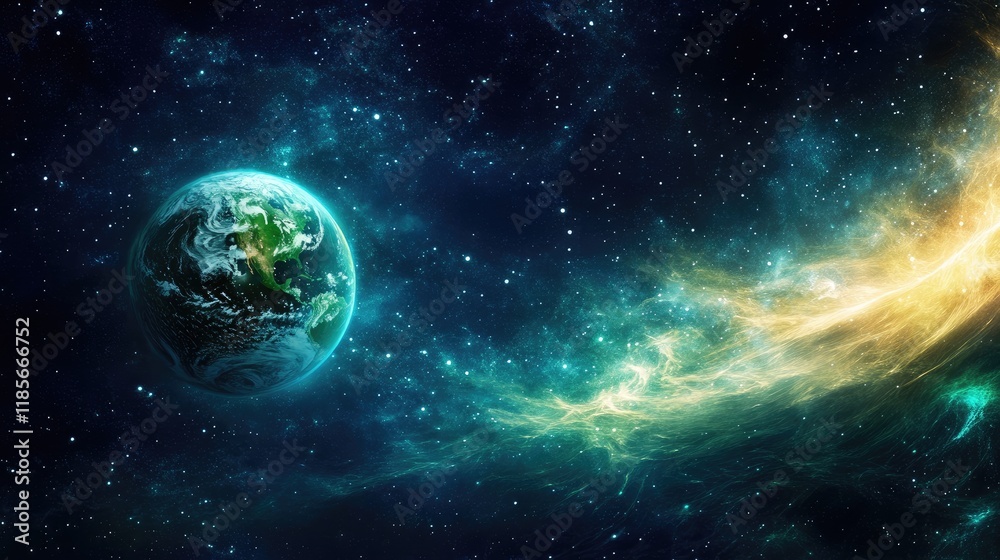 Fototapeta premium Eco-Friendly Planet in Space with Vibrant Green Elements and Cosmic Background Representing Sustainability and Nature