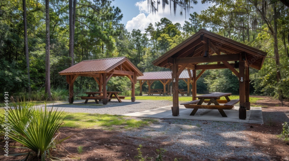 Shaded Picnic Area: A relaxing, covered pavilion area with picnic tables, offering a cool, shaded space for picnics, family events, and casual group gatherings. Shaded Picnic Area: A relaxing, covered pavilion area with picnic tables, offering a cool, shaded space for picnics, family events, and casual group gatherings.