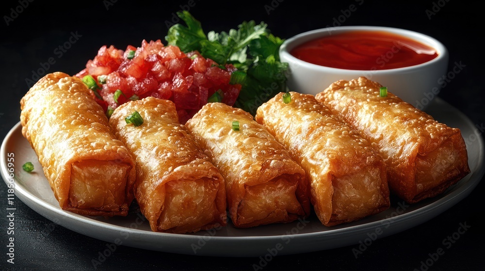 Crispy Fried Spring Rolls with Spicy Dipping Sauce and Salsa Crispy Fried Spring Rolls with Spicy Dipping Sauce and Salsa