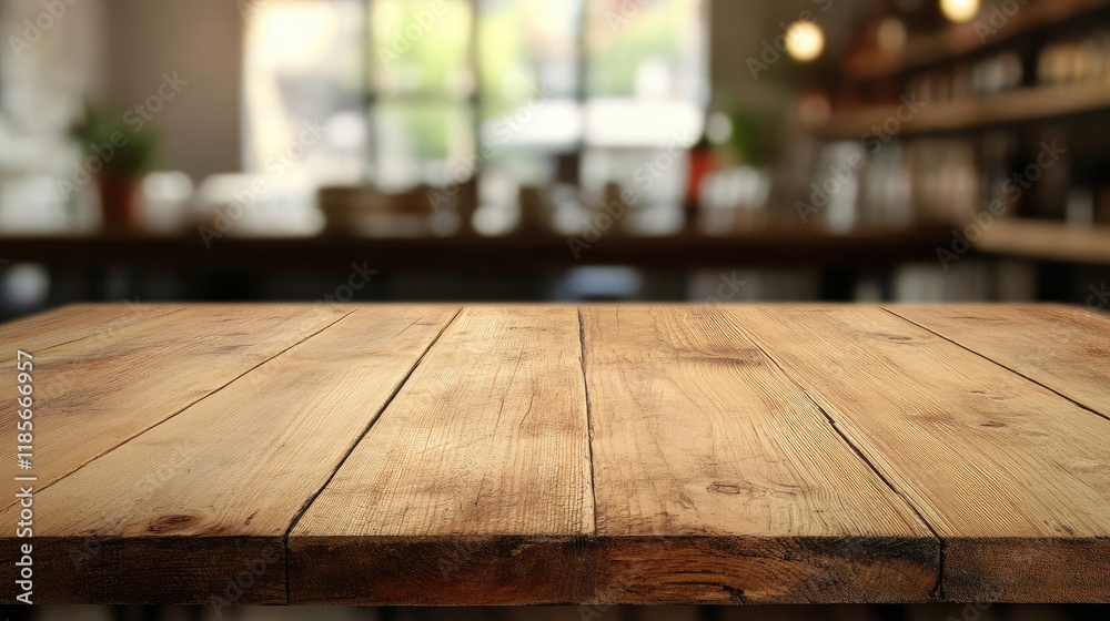 Wooden Table in Focus with Blurred Supermarket Setting for Restaurant or Cafe Imagery Wooden Table in Focus with Blurred Supermarket Setting for Restaurant or Cafe Imagery