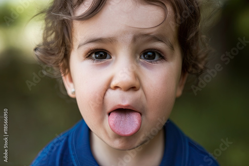 Child making a silly face by sticking out their tongue photo