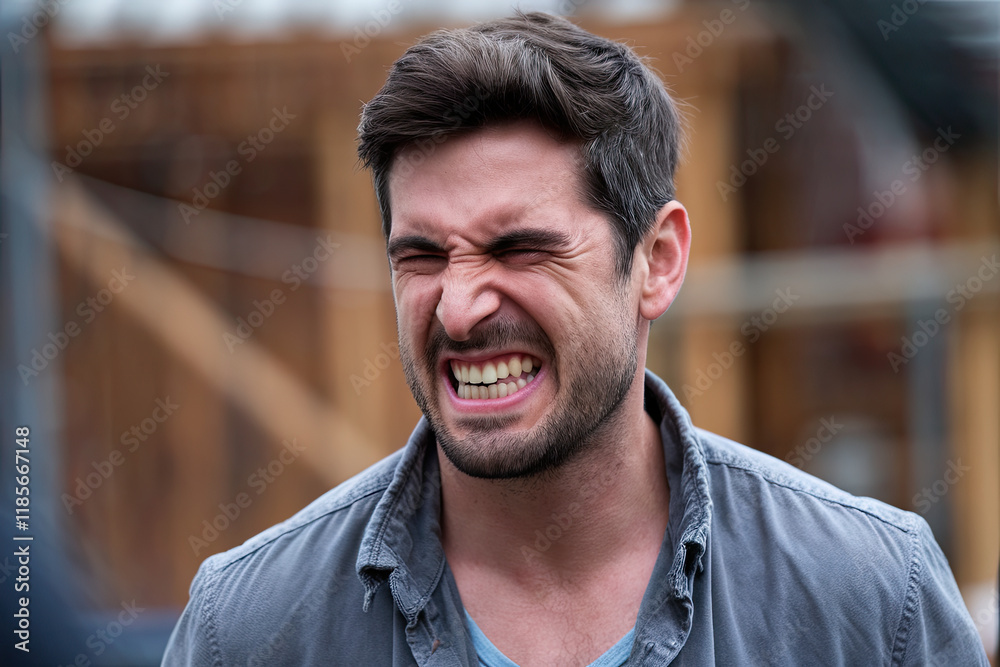 Man grimacing with teeth clenched, expressing discomfort or pain Man grimacing with teeth clenched, expressing discomfort or pain