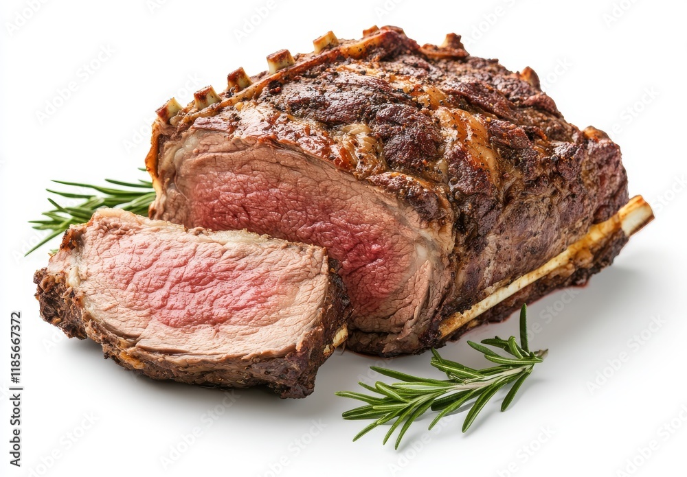 Juicy Roast Beef with Perfectly Cooked Texture Surrounded by Fresh Rosemary on a White Background Ideal for Culinary and Food Photography Juicy Roast Beef with Perfectly Cooked Texture Surrounded by Fresh Rosemary on a White Background Ideal for Culinary and Food Photography