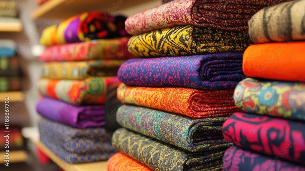 Vibrant and textured fabric samples beautifully arranged in a textile store showcasing luxury and color diversity Vibrant and textured fabric samples beautifully arranged in a textile store showcasing luxury and color diversity