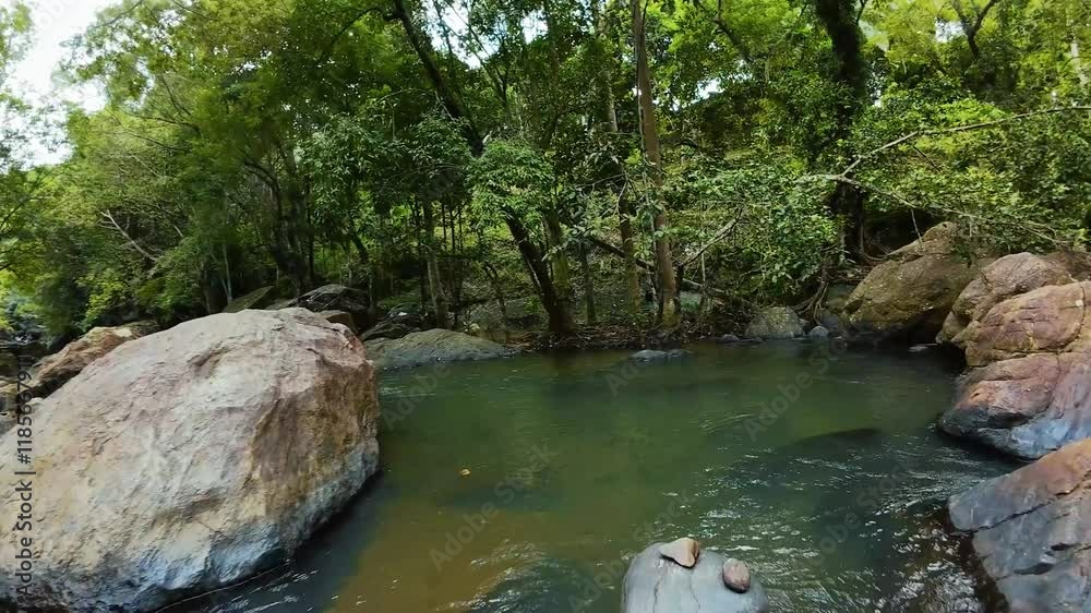 A serene water spring flowing through tropical greenery, offering a relaxing escape. Captured in 4K by an FPV drone. A serene water spring flowing through tropical greenery, offering a relaxing escape. Captured in 4K by an FPV drone.