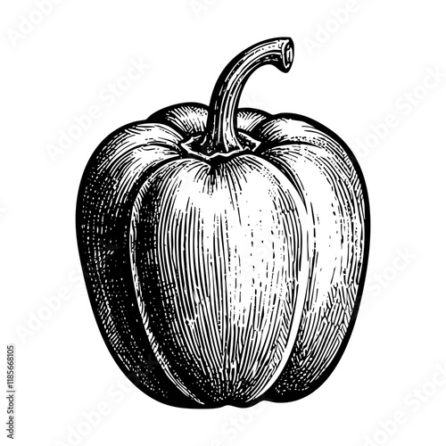 bell pepper sketch engraving black and white outline. Scratch board imitation.  illustrated in vintage line art style on a white background.
