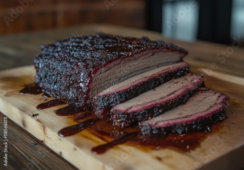 Mouthwatering sliced smoked brisket on a wooden cutting board, showcasing a rich glaze with smoky texture, ideal for barbecue lovers and culinary enthusiasts photo